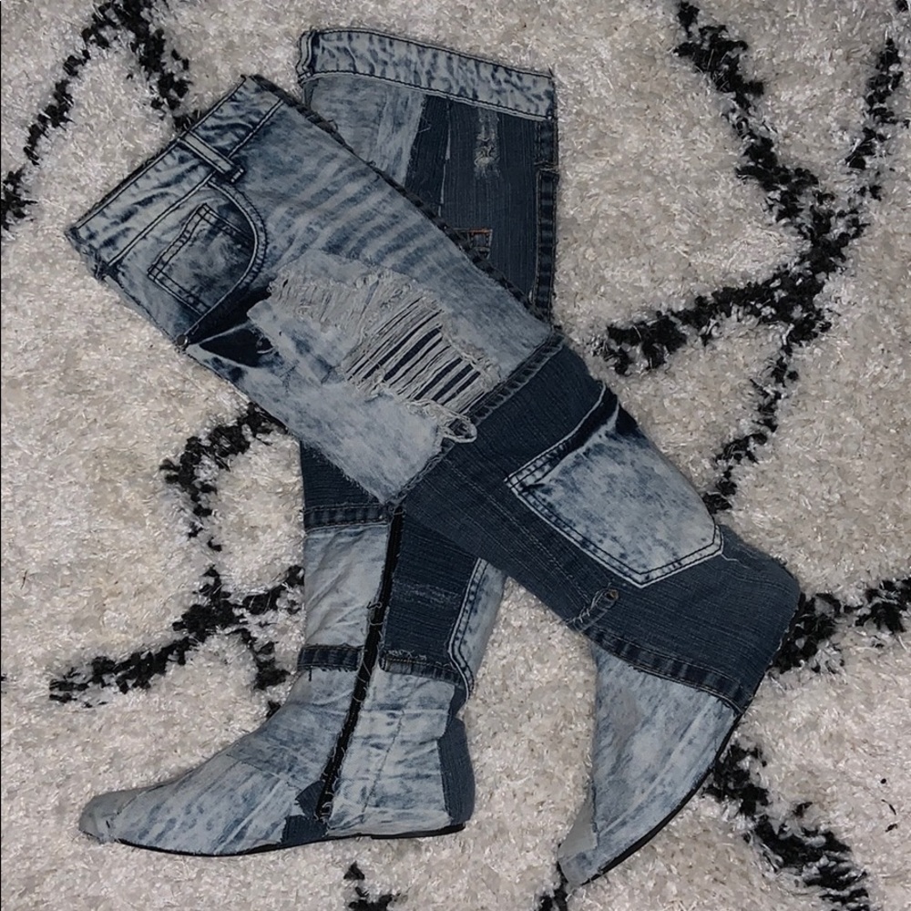 Knee high denim flat boots